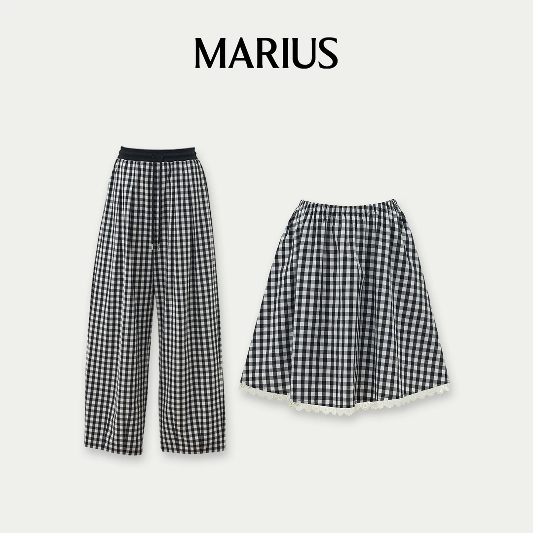 MARIUS"空白格"阔腿格纹休闲极简风时尚百搭半裙长裤