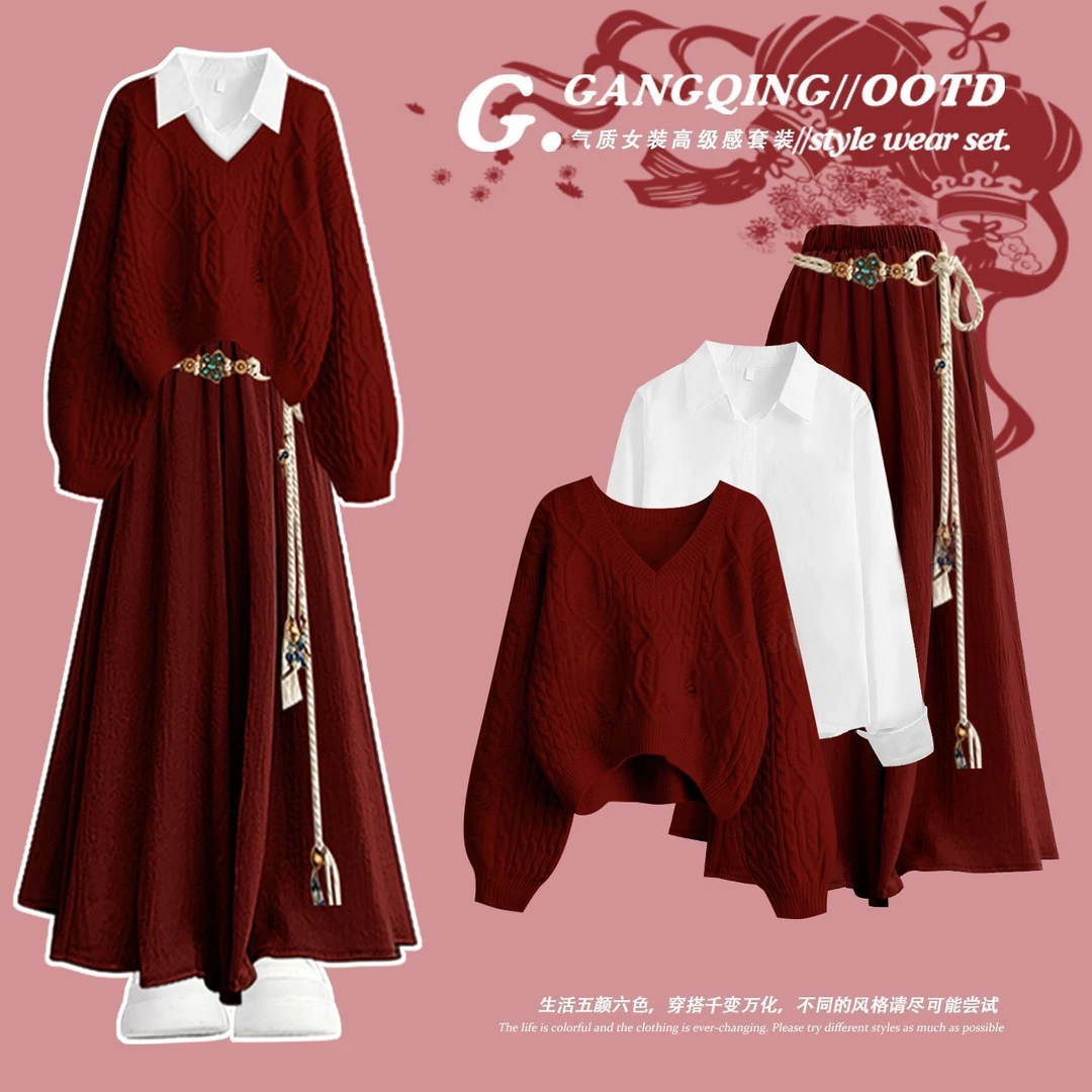 圣诞氛围感穿搭套头红色毛衣2025新款冬季小个子本命年针织衫上衣