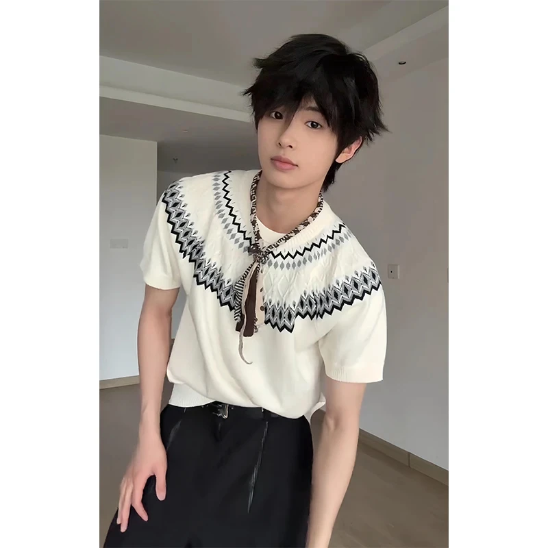 Stay the Night费尔岛绞花针织短袖T恤男夏季氛围感穿搭情侣半袖