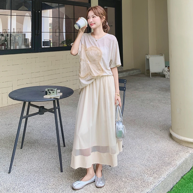 法式气质独特小香风套装裙女夏季新款温柔风T恤网纱半身裙两件套