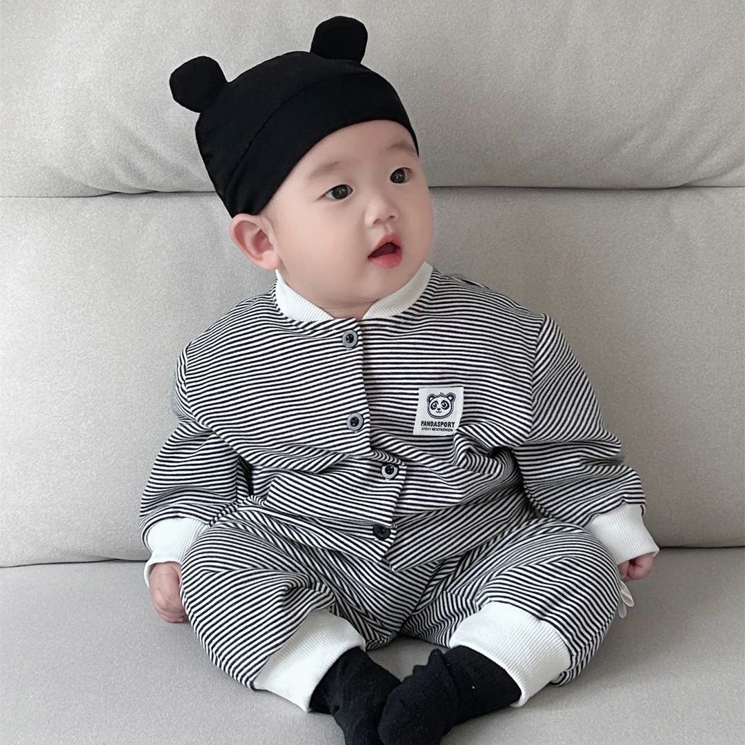 韩国进口婴儿套装春秋装条纹棒球服卫衣男女宝宝简约休闲两件套潮