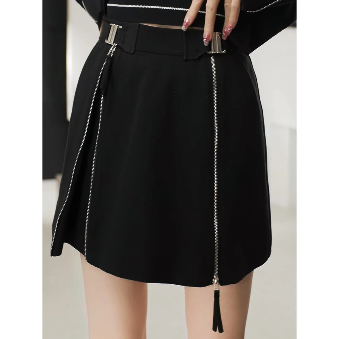 【Chanllete Meline】时尚设计气质显瘦拉链A字黑色半身裙CM-8301