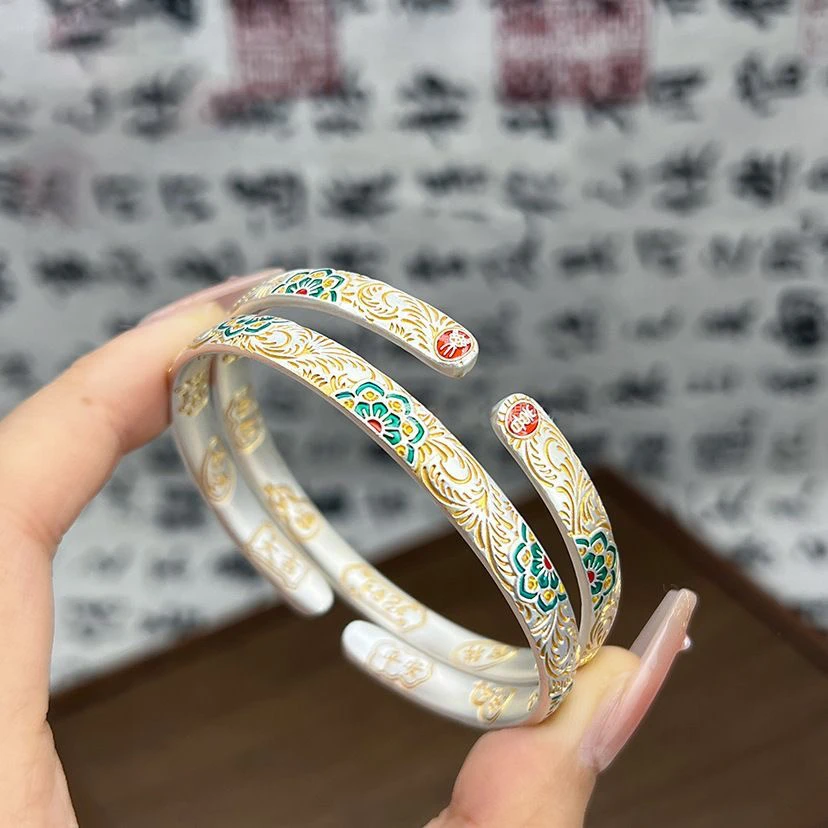 足银手镯 37号描金珐琅宝相花吉言银手镯