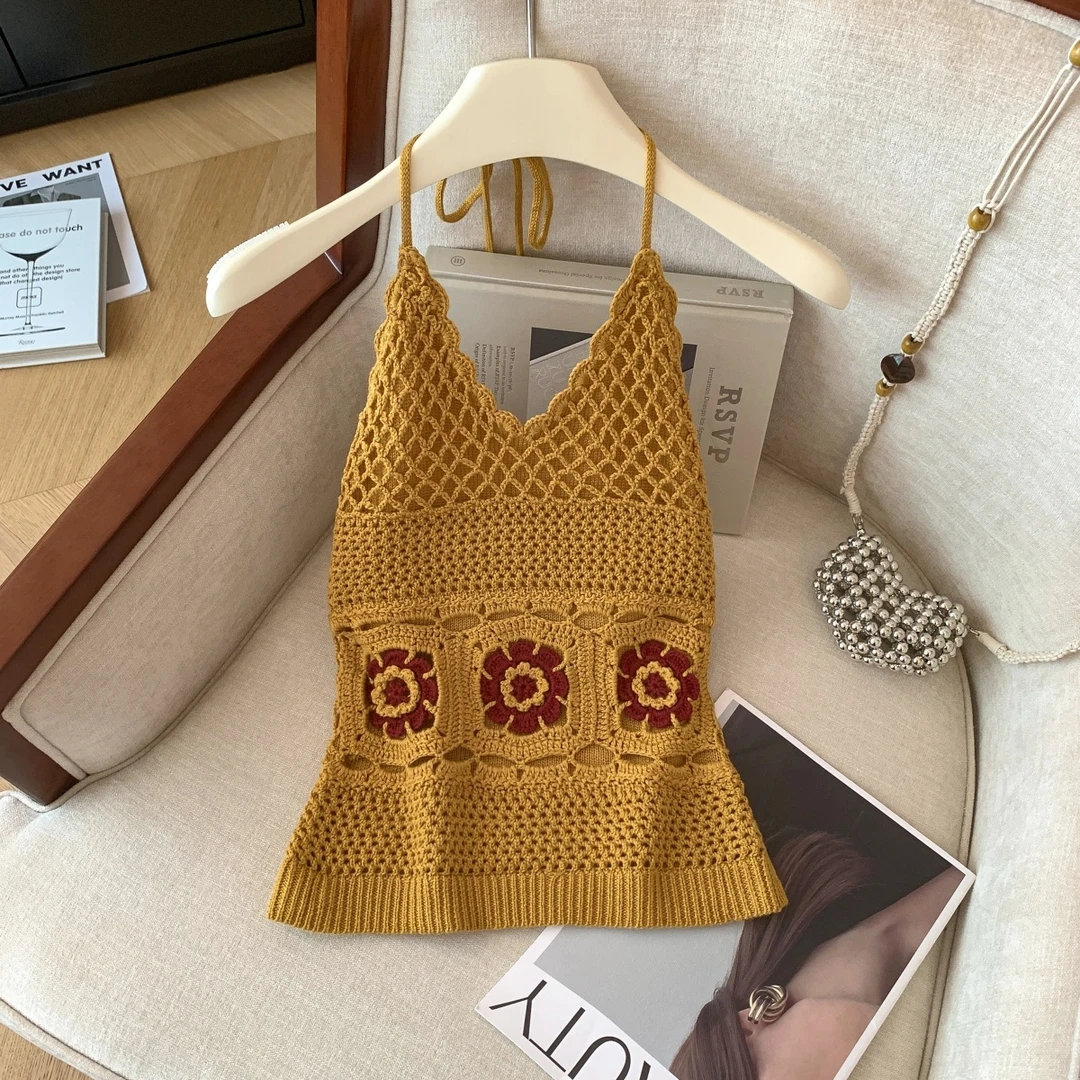 高品质手工钩花针织吊带背心女时尚百搭修身显瘦纯欲风外穿上衣潮