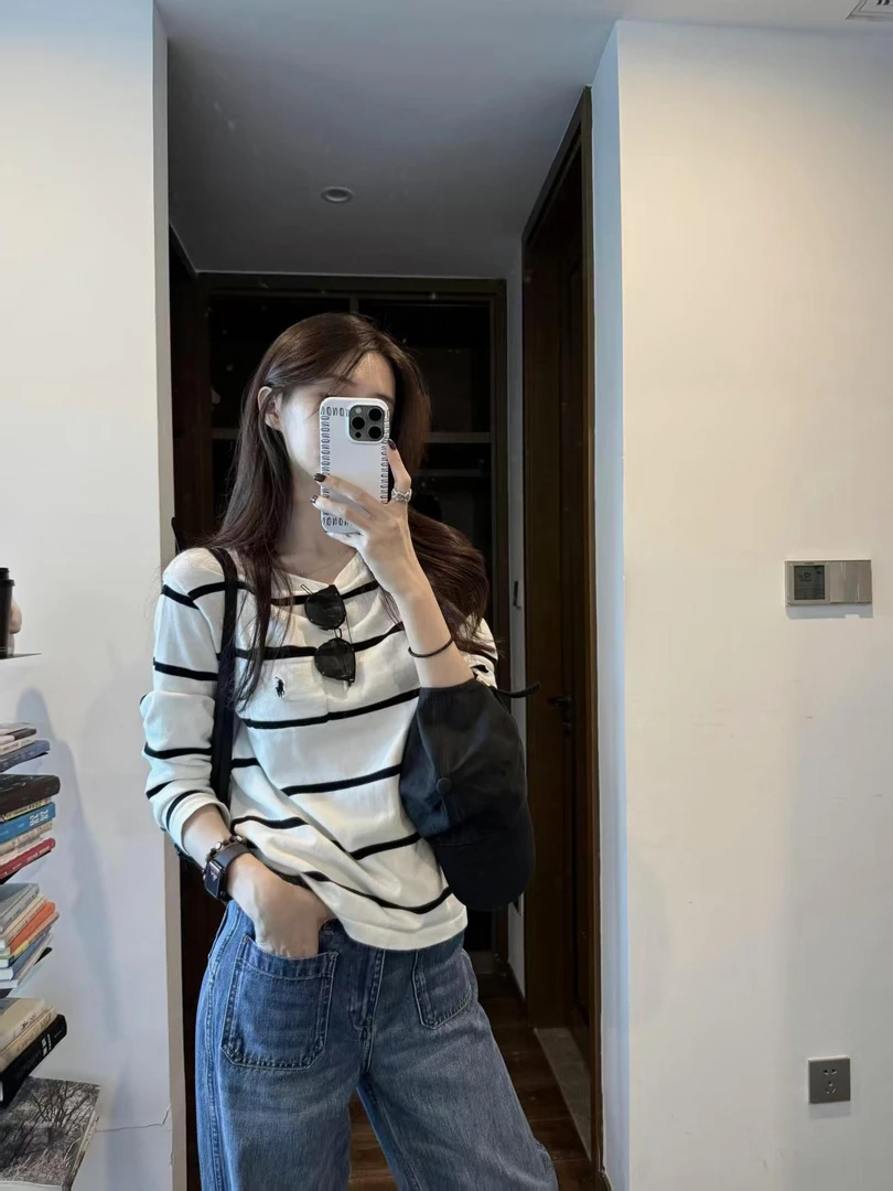 韩系慵懒风圆领条纹正肩T恤宽松套头上衣女2025秋季百搭休闲裤