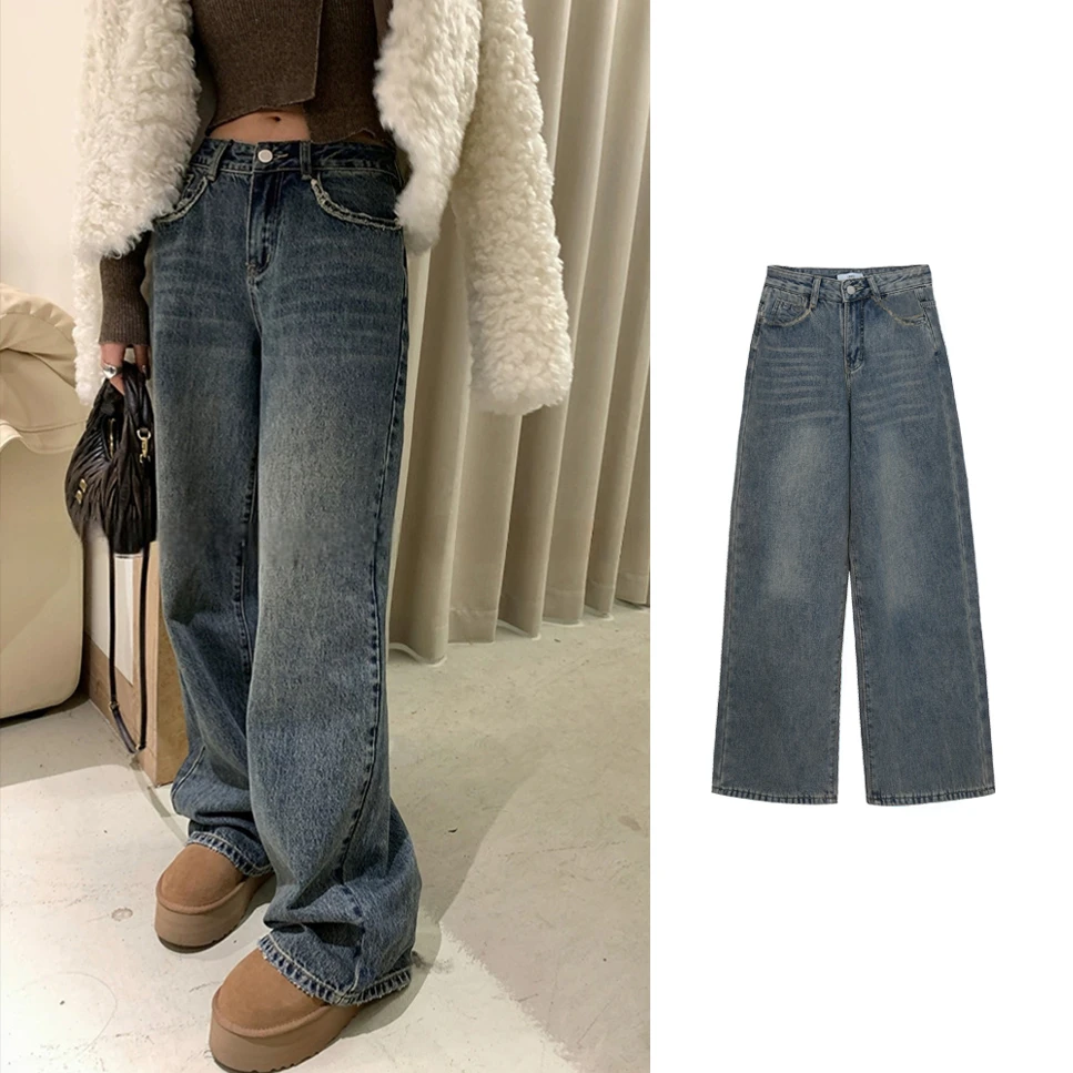 8159#加绒加厚古着水洗牛仔裤秋冬复古阔腿宽松显瘦长裤女裤子