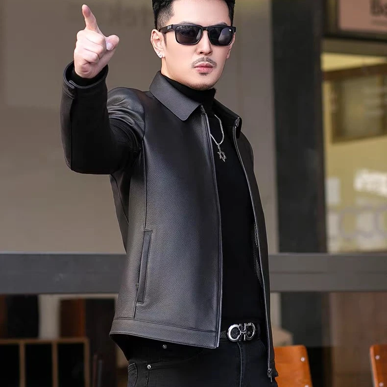 宽松型翻领皮衣商务翻领鹿皮夹克修身立领薄款短款