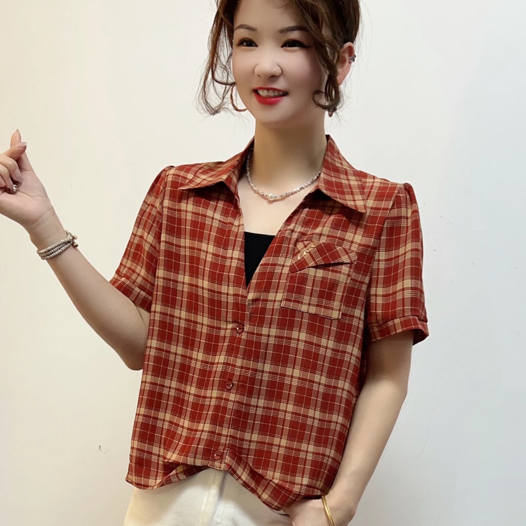 港风复古格子衬衫短袖女夏季新款洋气减龄经典百搭时尚女衬衫短袖