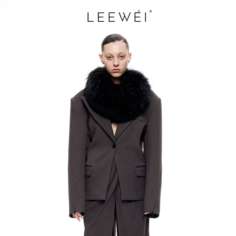 CNLEEWEI官方直营秋冬新款大宽肩调节收腰宽松外套围脖廓形西装