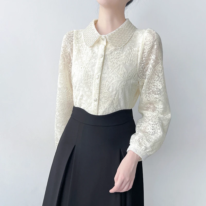Q513高级感重工钉珠翻领刺绣花朵蕾丝衬衫女装设计感小众显瘦上衣