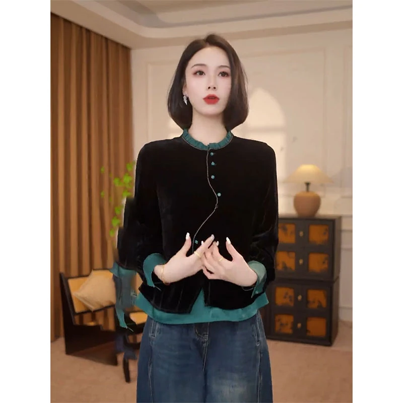 黑色立领长袖衬衫女2025秋季新款丝绒气质舒适法式高级感大码上衣