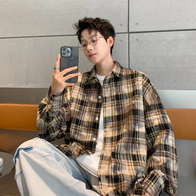 棕色格纹长袖衬衫男春秋季美拉德穿搭宽松休闲设计感破洞衬衣外套