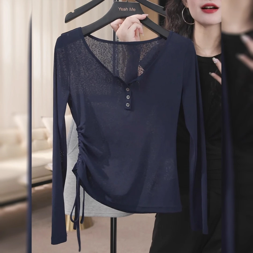 半开领薄款长袖防晒t恤女秋季2025年新款藏蓝色抽褶收腰罩衫上衣