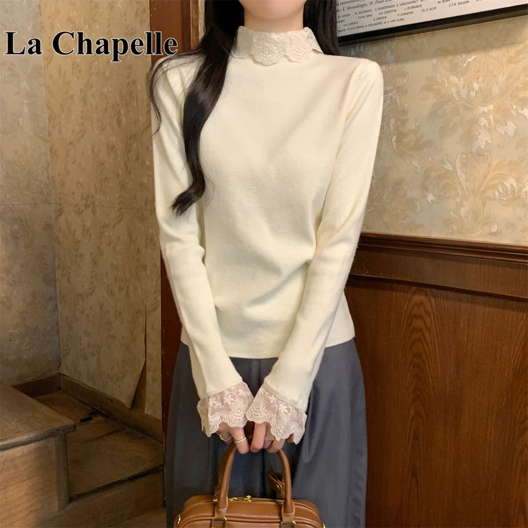 拉夏贝尔法式温柔风半高领蕾丝花边针织打底衫女秋冬内搭毛衣上衣