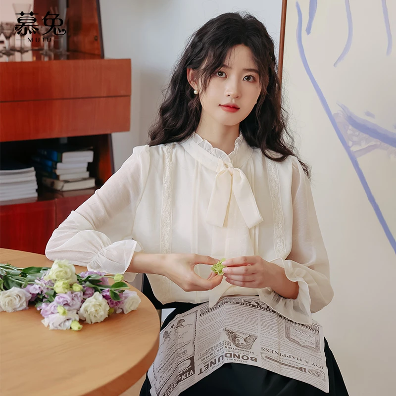 慕兔法式气质立领蝴蝶结长袖衬衫女秋2024新款设计感小众雪纺上衣