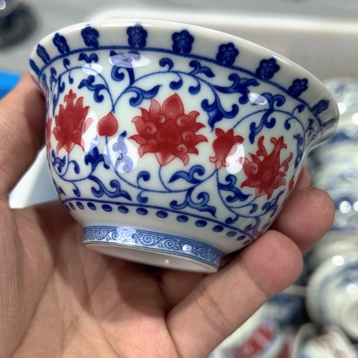 瓷片白青花釉里红缠枝莲压手杯全品