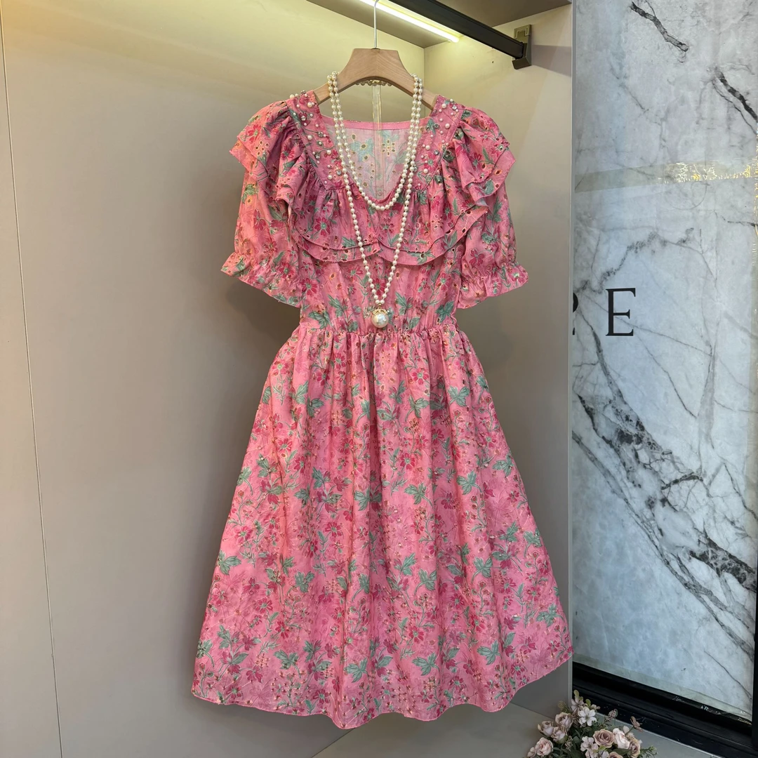 欧货法式重工钉珠荷叶领泡泡袖收腰镂空印花度假风大码连衣裙8840