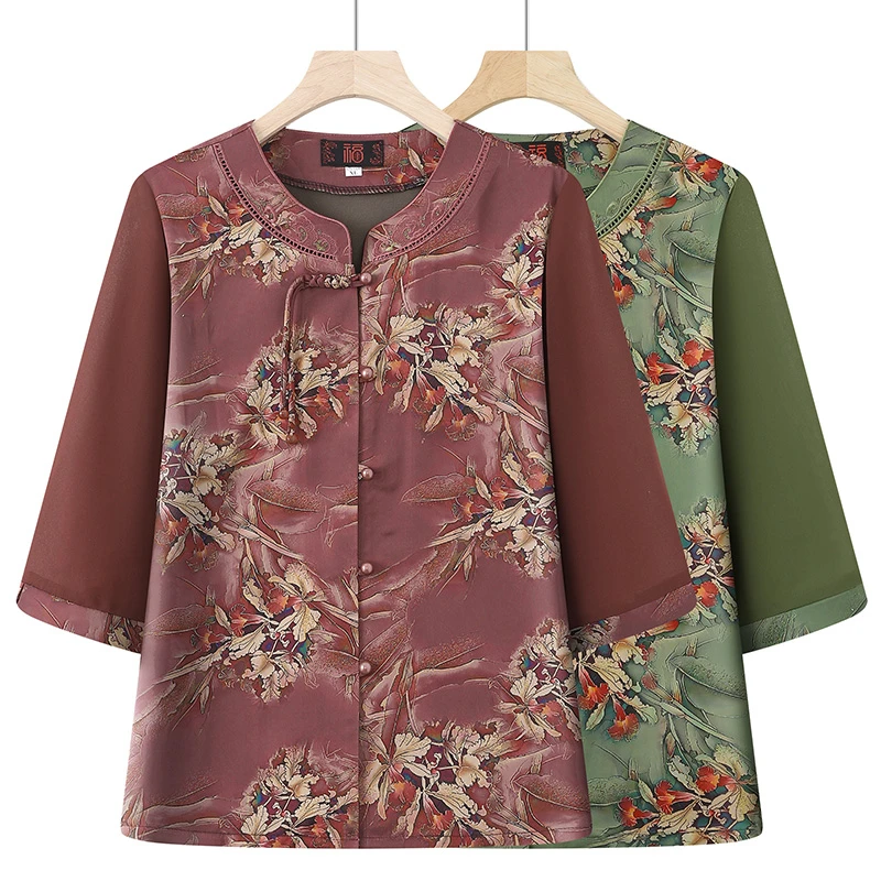 中老年妈妈夏季中老年人衬衫上衣新款奶奶中式衬衣夏装七分衣服
