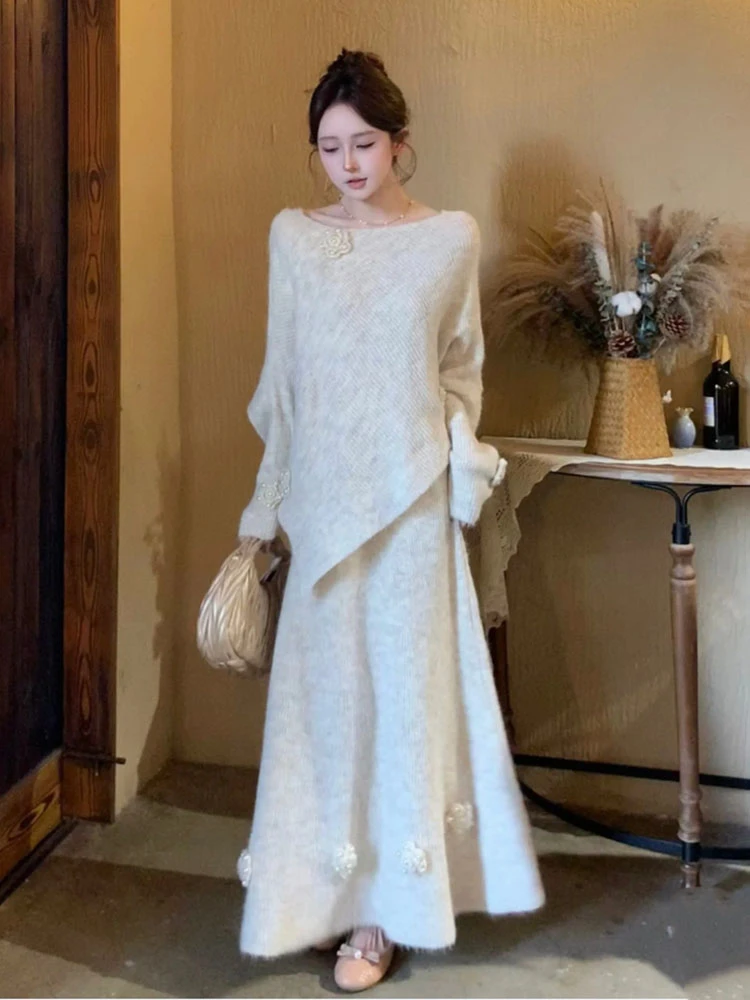 温柔风时尚蝙蝠袖花朵毛衣针织半身裙两件套装女秋冬宽松显瘦气质