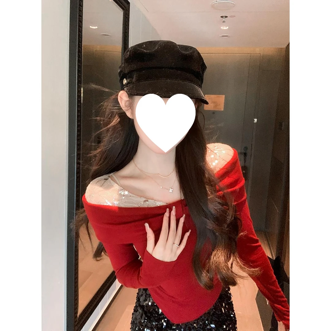 辣妹蕾丝亮片拼接长袖t恤女秋冬季内搭上衣纯欲风修身显瘦打底衫