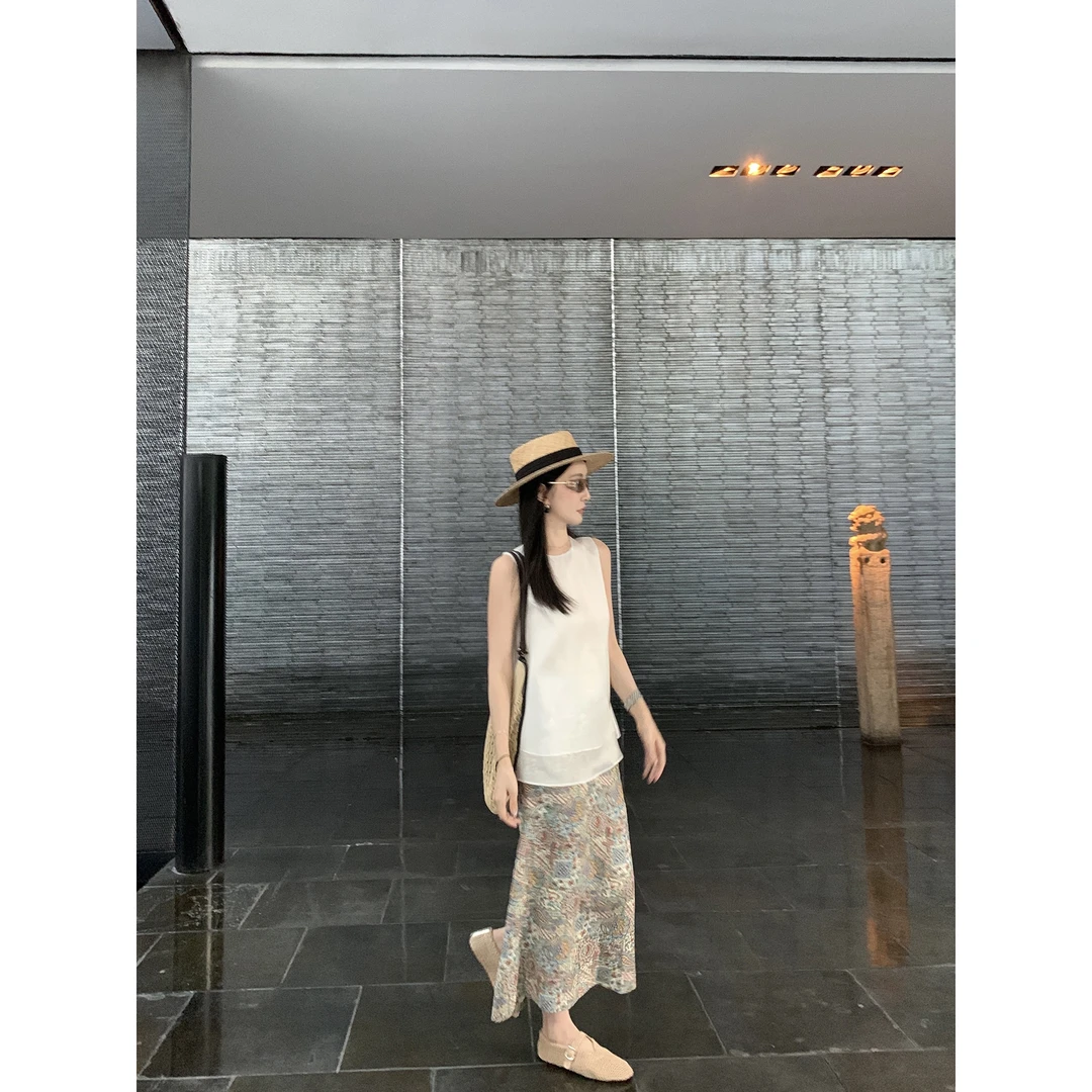 大小姐7盛夏松弛感氧气系列100亚麻花色复古时髦高腰中长款半身裙