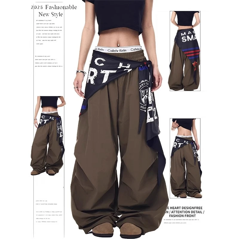 美式复古辣妹街头设计感屁帘工装伞兵裤女夏季宽松垂感跳舞裤子