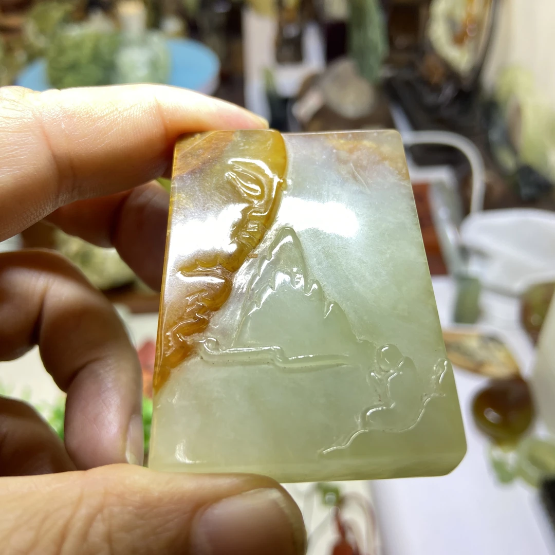 岫玉俏色巧雕花玉观音牌子吊坠手把牌仿古手工精雕