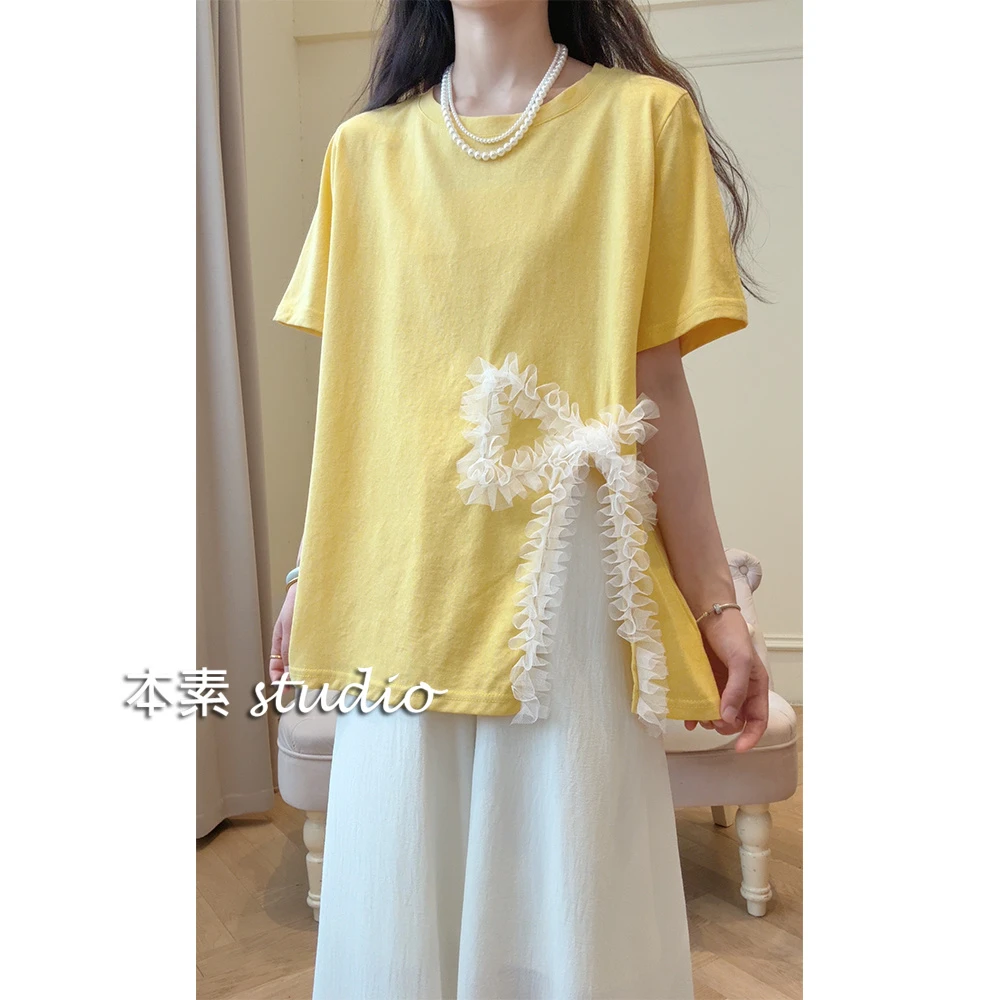 蝴蝶结开叉T  C4335网纱蝴蝶结前开叉圆领短袖T恤