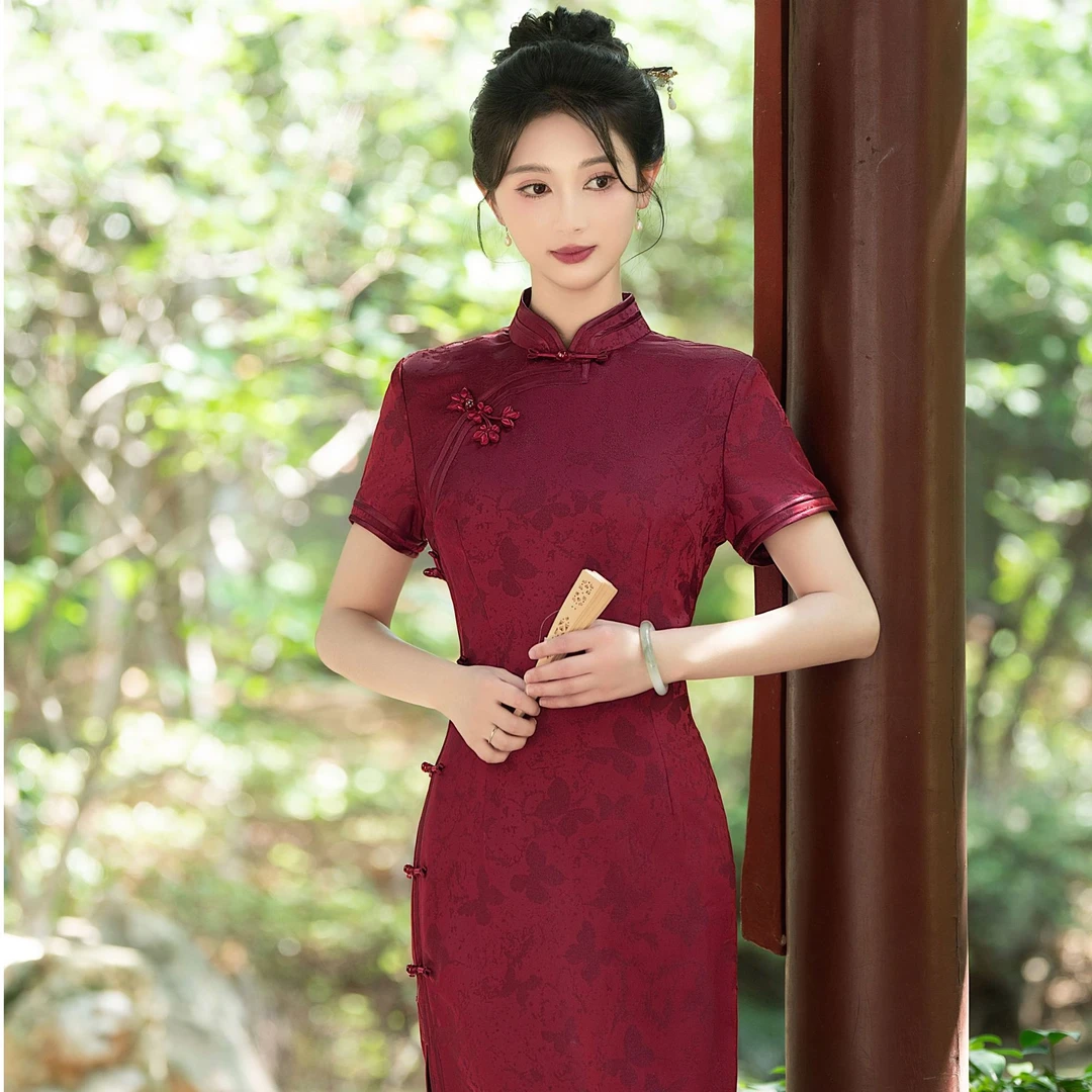 紅夏季新款高级提花中国风缎丝旗袍手工长款旗袍气质显瘦大码优雅