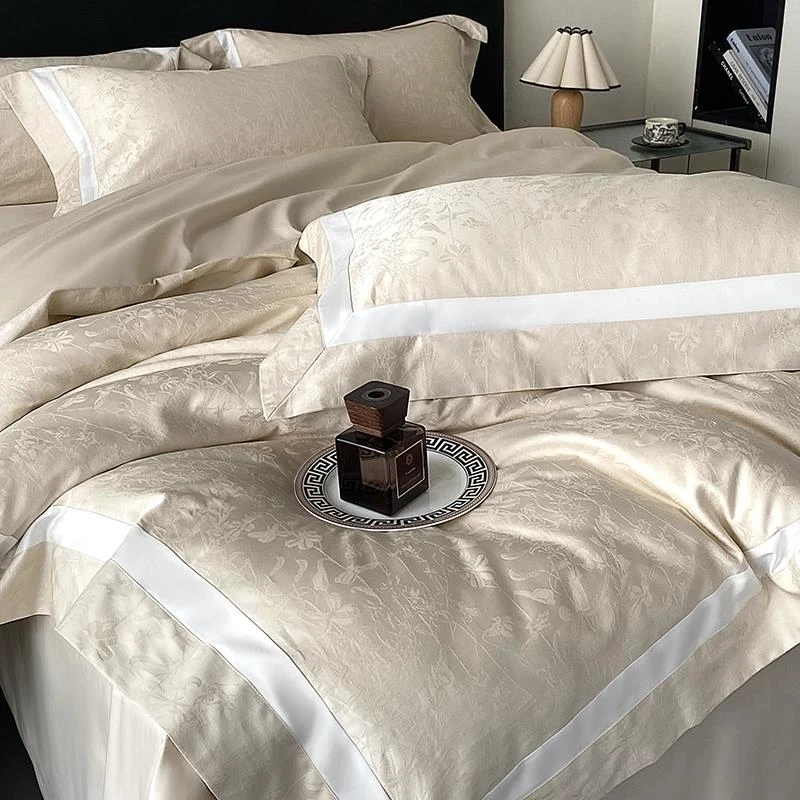 水星高端家纺轻奢高档100S全棉提花四件套法式长绒棉贡缎纯棉被套