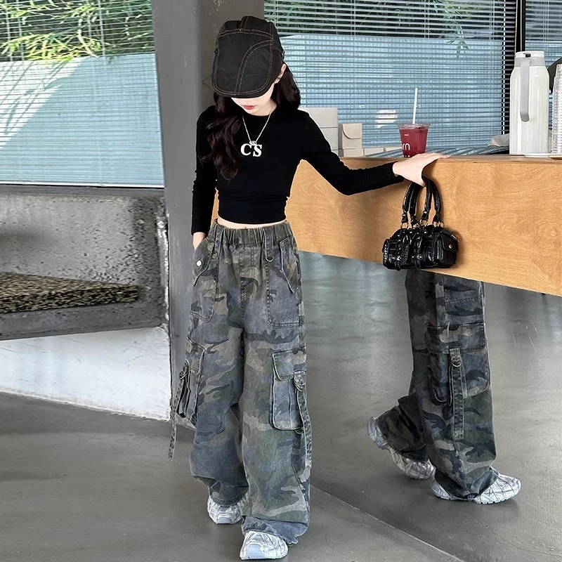 女童迷彩工装裤春秋新款大童爵士街舞裤子儿童女孩时髦炸街阔腿裤