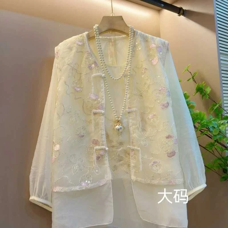 大码女装新款重工钉珠刺绣国风中式高档马甲蕾丝外套两件套套装