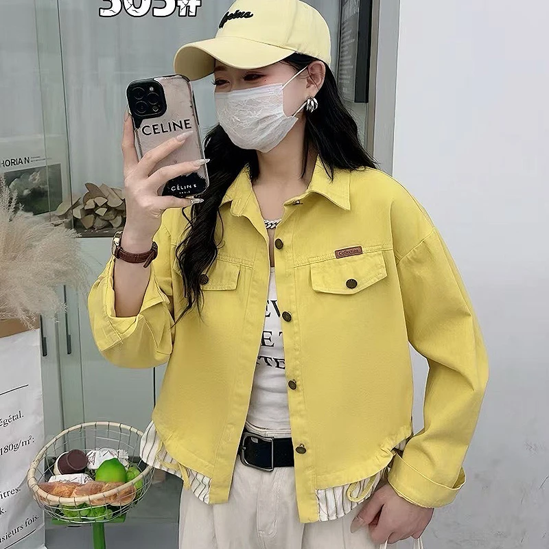 2025春秋新款韩版时尚抽绳条纹牛仔外套女宽松百搭假两件衬衫上衣