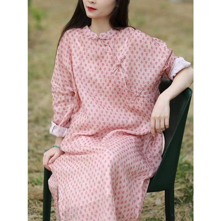 外贸出口日本原单剪标新中式苎麻印花改良旗袍女民族风连衣裙袍子