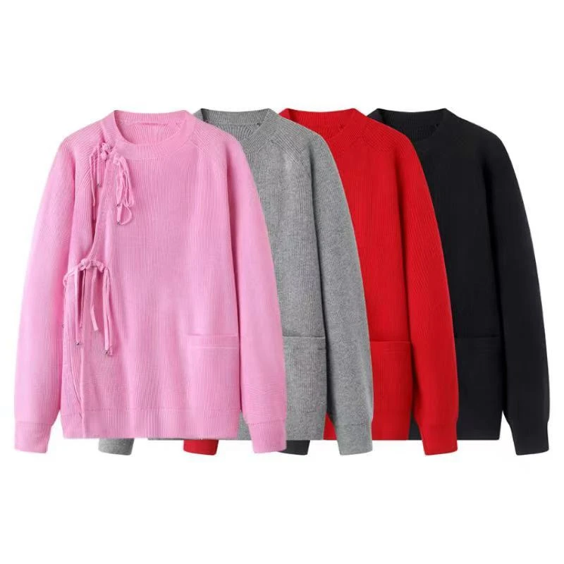 H5032-2025春季新款时尚百搭设计感斜门襟系带针织衫女