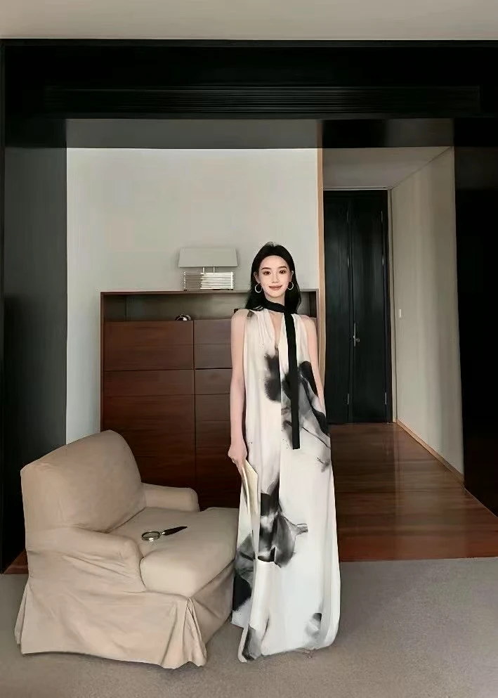 RICE-新款（ZZRIX884#）清冷水墨画~新中式配飘带连衣裙 5-26