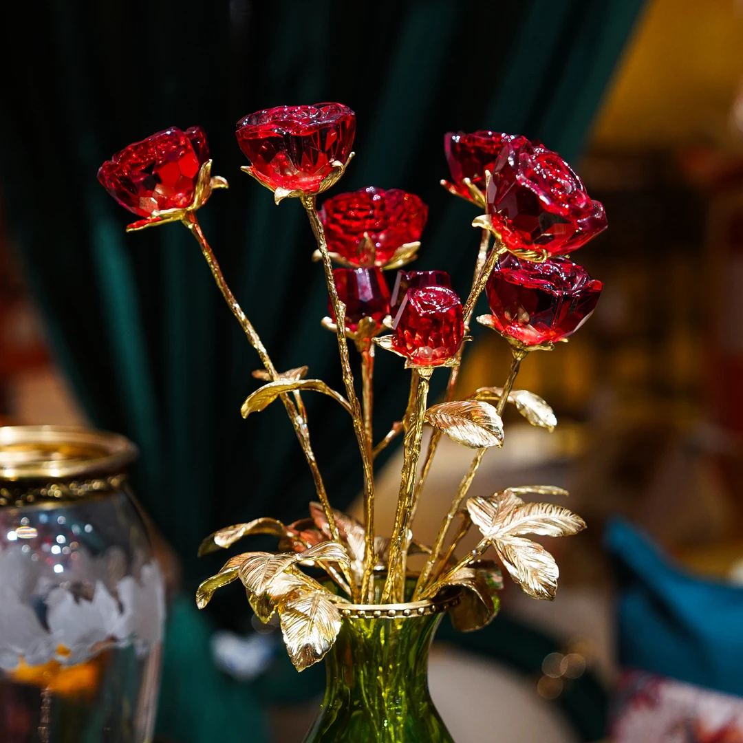 【本尼家】SS47红色水晶玫瑰花永生花生日礼物情人节送礼装饰摆件