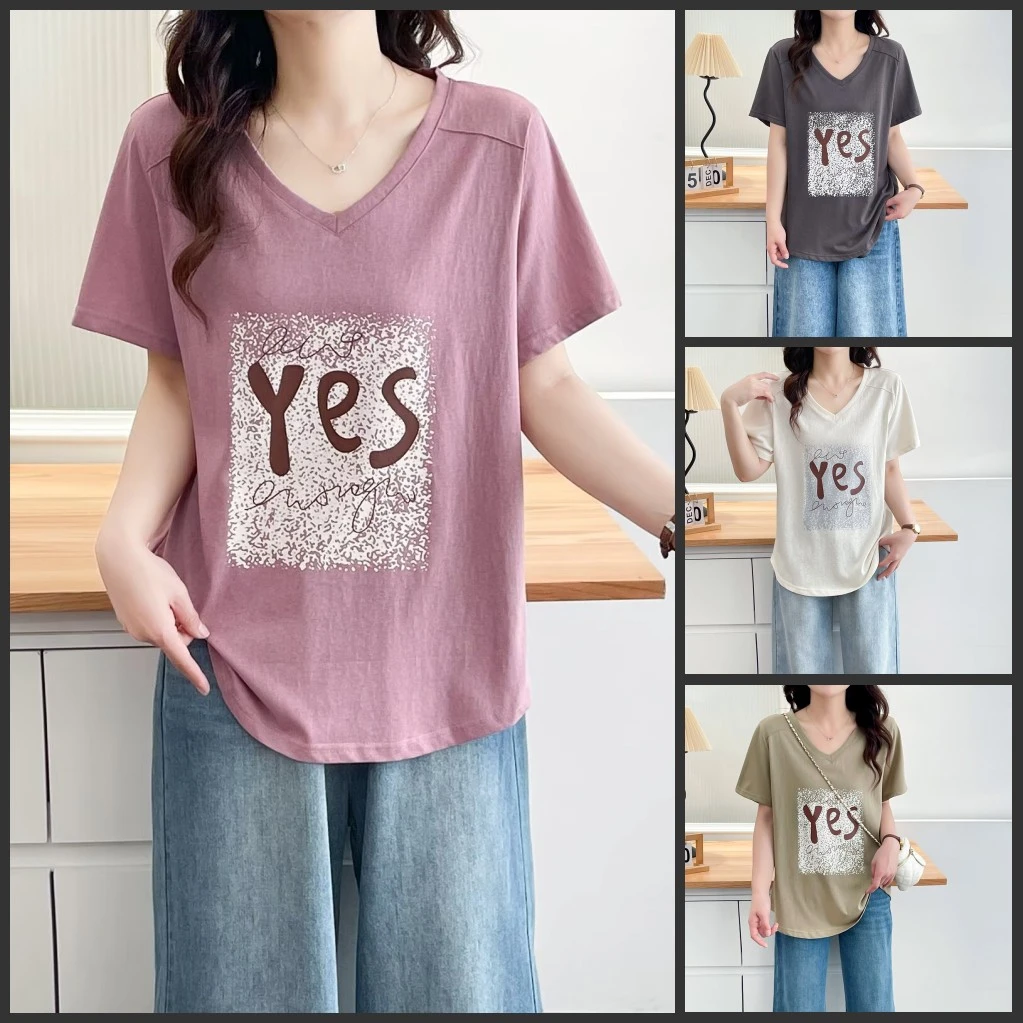 梦冬佳--110-200斤胖mm大码女装夏季凉快薄款雪花棉V领短袖T恤衫