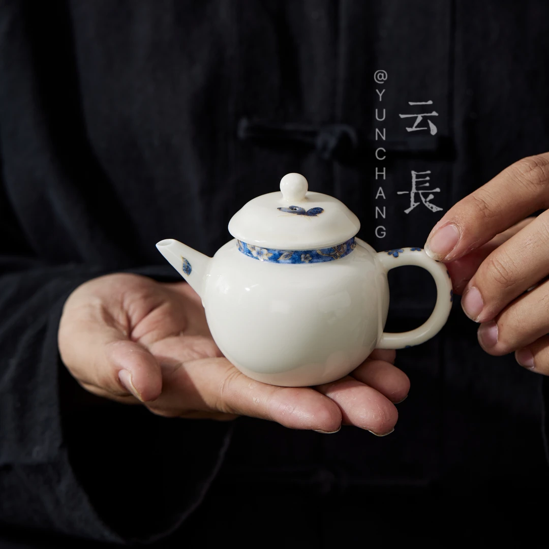 云长 新中式蝶恋花鹅绒白壶陶瓷家用描金象牙白简约