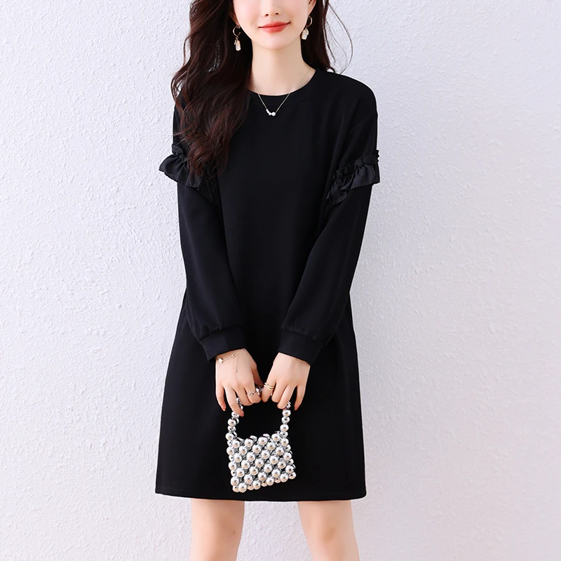 法式简约时尚大码女2025新款秋季赫本风恤宽松显瘦气质连衣裙子