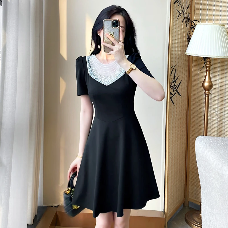 财阀千金女装短袖连衣裙夏季修身气质小众A字裙子轻奢品质小黑裙