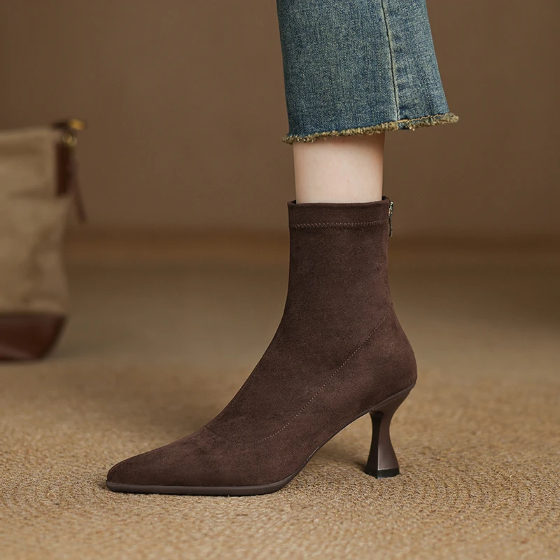 7cm秋冬尖头细跟弹力短靴棕色百搭高跟瘦瘦靴时尚气质复古风单靴