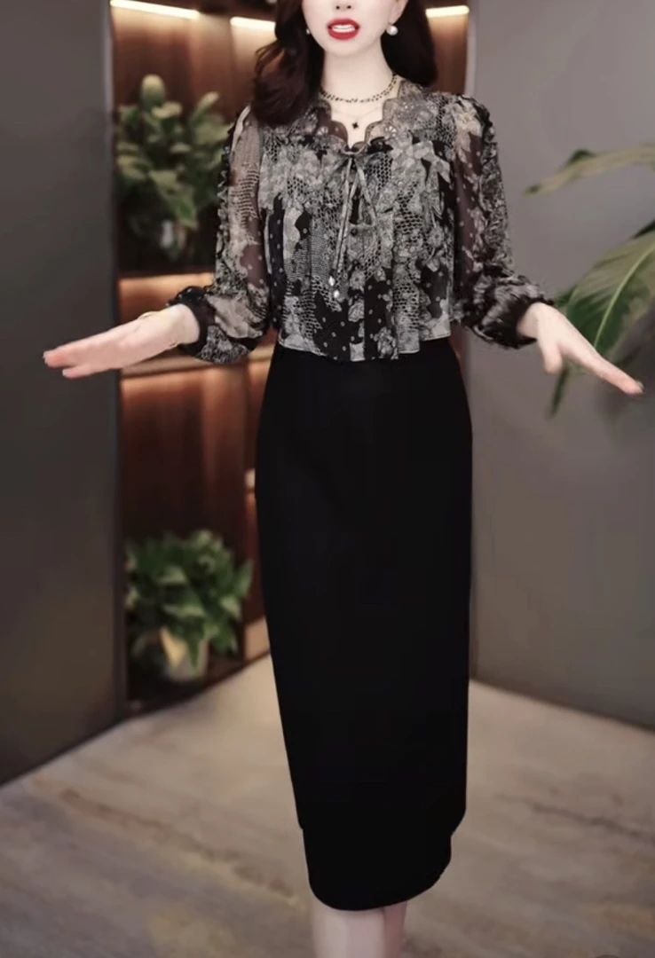 玫妖妖女装连衣裙中长款2025春季气质百搭显瘦中年妈妈假两件裙子