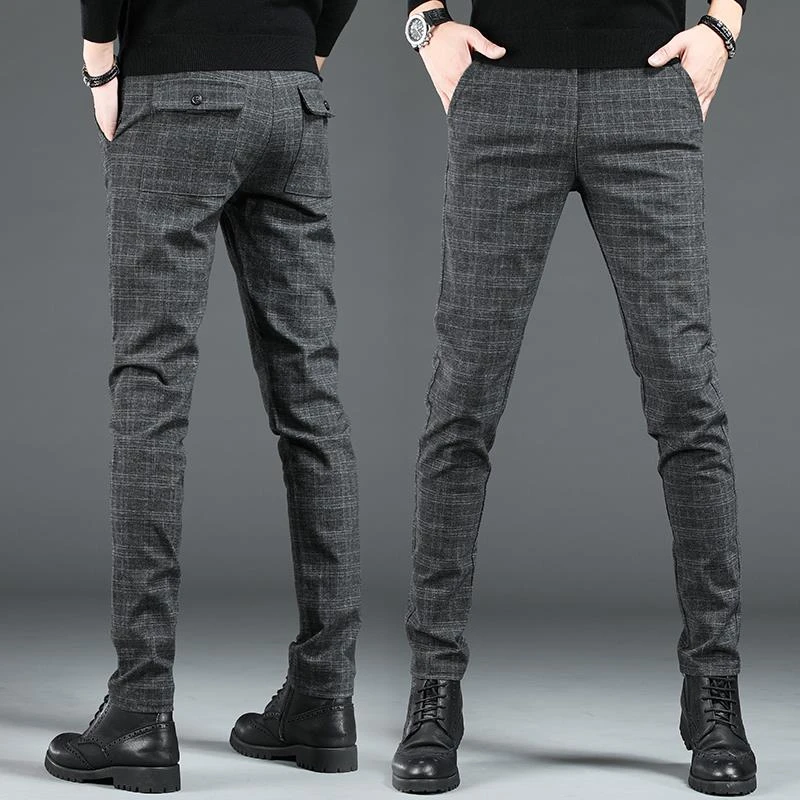 灏吉弧男款磨毛休闲裤男士高端小脚西裤修身春秋百搭西装格子裤子