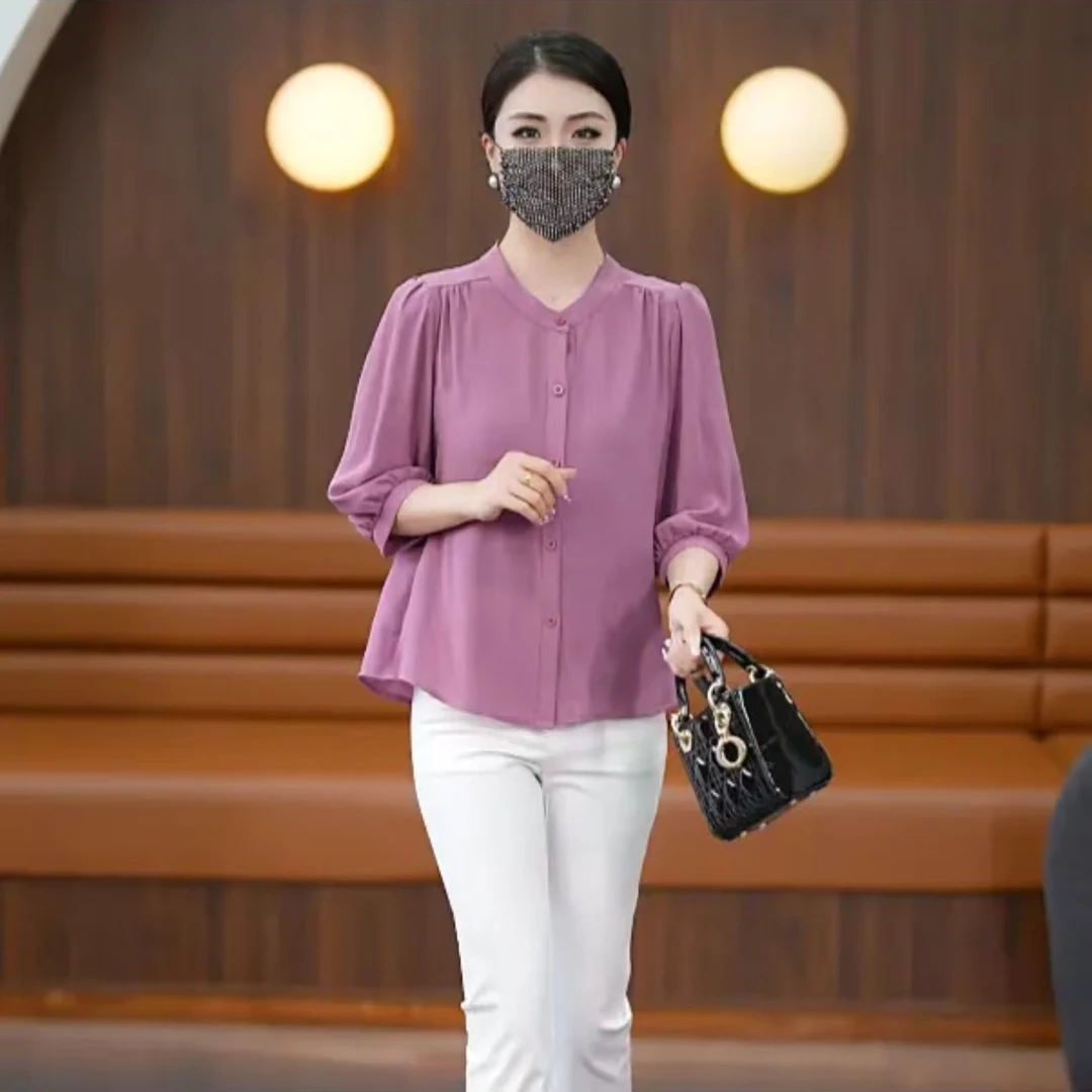 2025年显瘦遮肉立领气质舒适开衫防晒衣韩版大码妈妈装女装衬衫