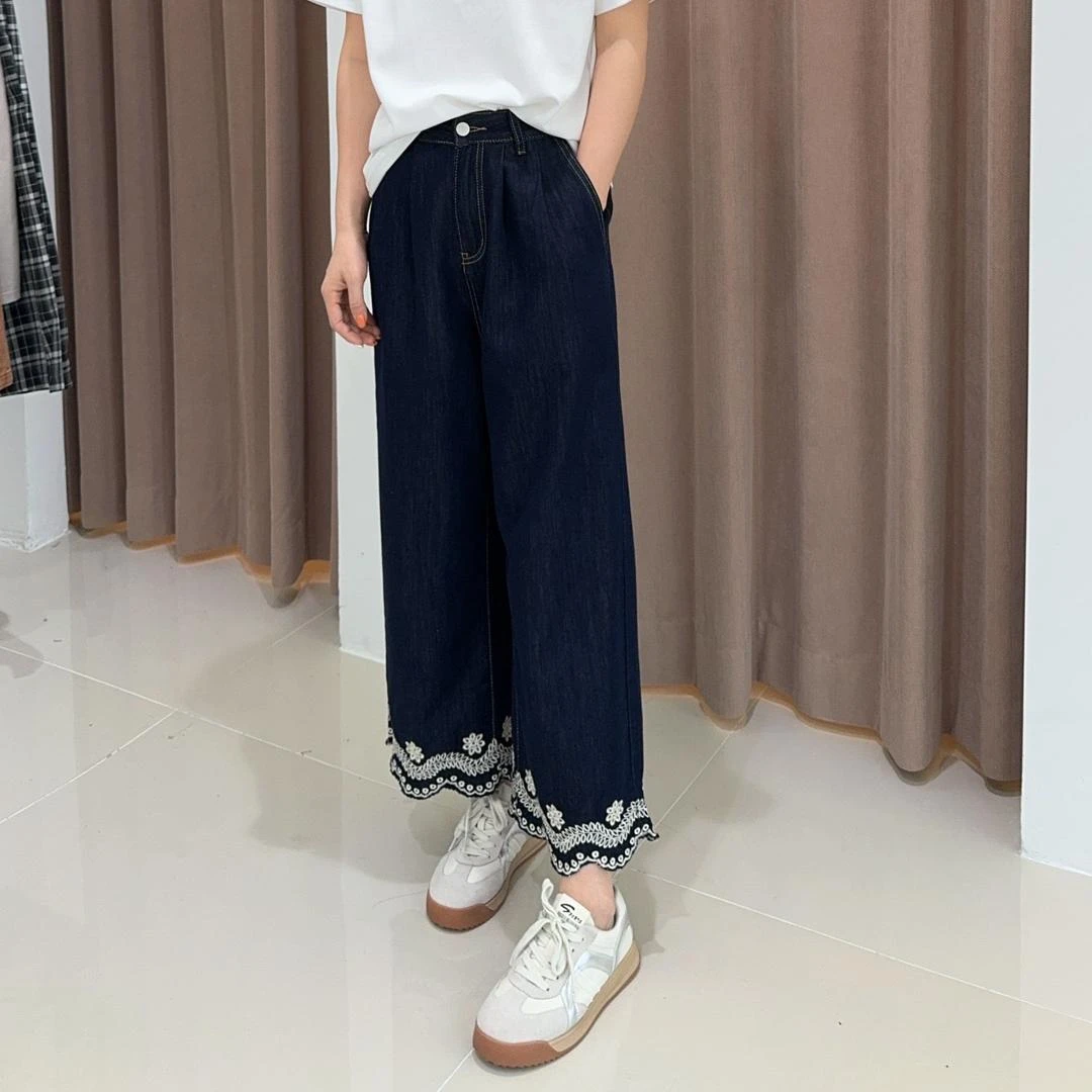 【花边刺绣】九分筒裤休闲2025年夏季新款直筒薄款牛仔裤百搭