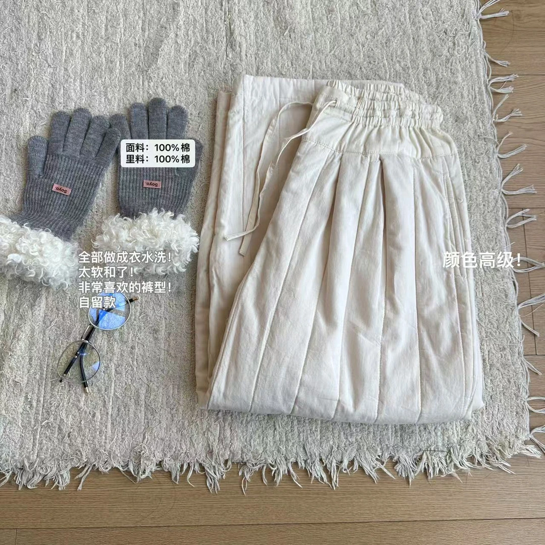 小文姐 W0954-冬季日系暖暖棉裤舒适夹棉棉裤加厚宽松休闲阔腿裤