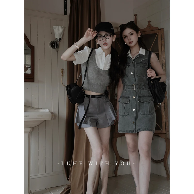 LUHE【比利弗日记】hehe私服~100棉假两件无袖牛仔连衣裙