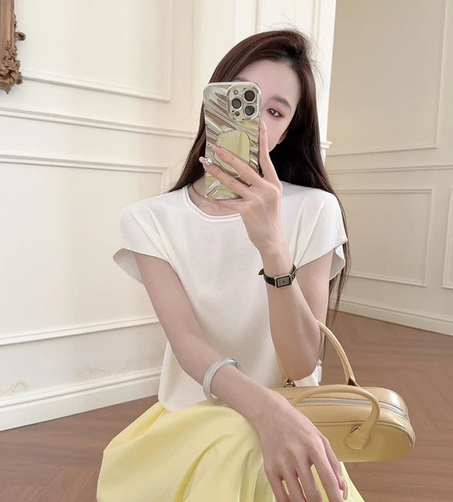 ANYUMO/安妤茉2521细亮片圆领纯色针织衫基础时尚百搭薄款夏女