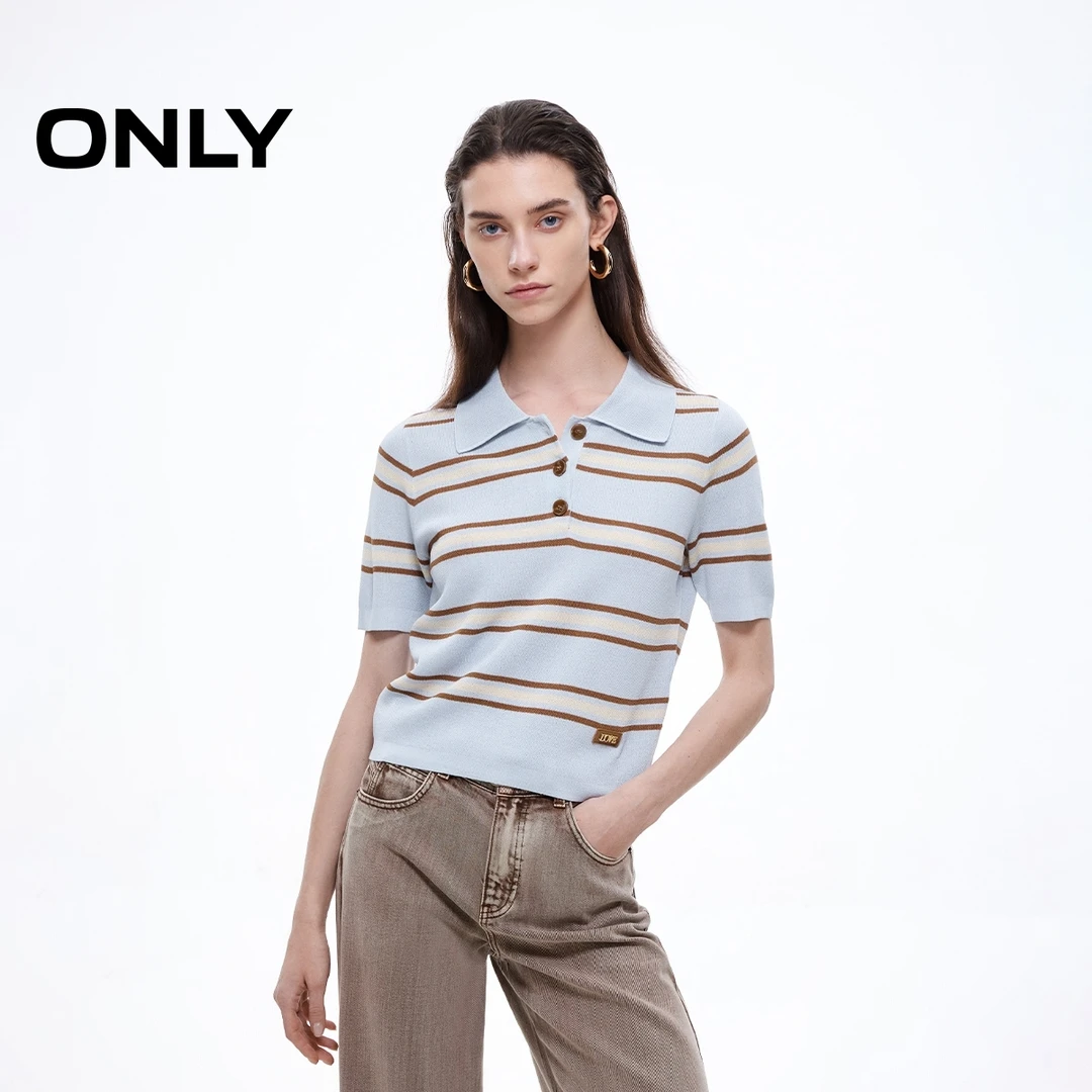 ONLY2025夏季新款复古学院风撞色条纹亲肤短款针织衫女|125245004